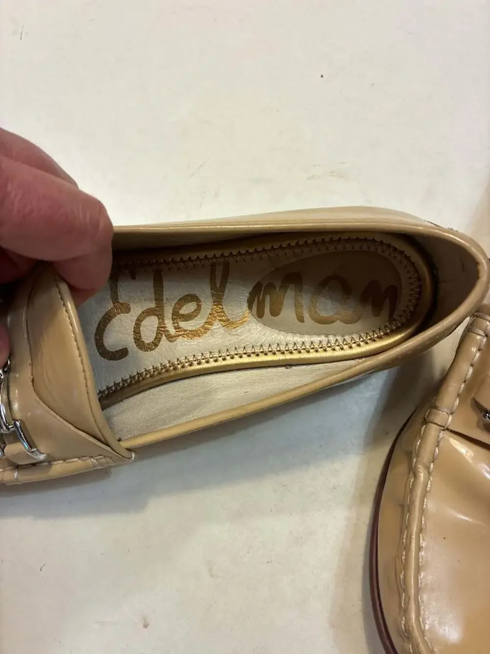 Sam Edelman Beige Patent Leather Horsebit Loafers